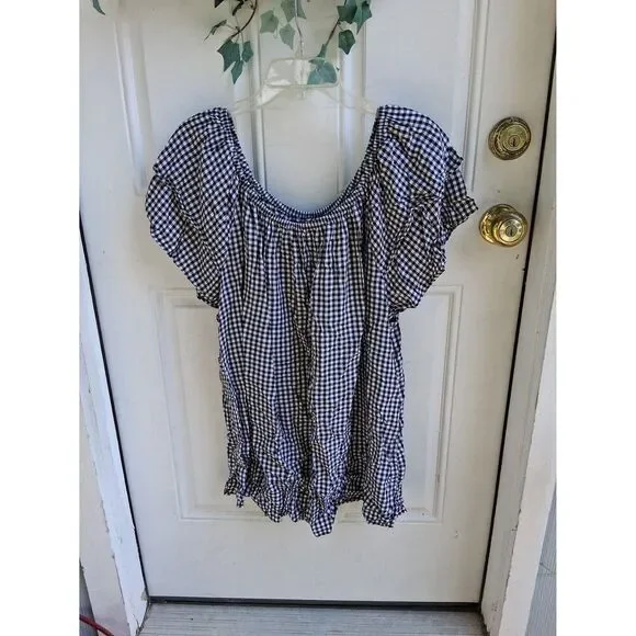 Women's Plus 2X 20W-22W Top Terra & Sky Pullover Black & White Check Cap Sleeves - Picture 5 of 7